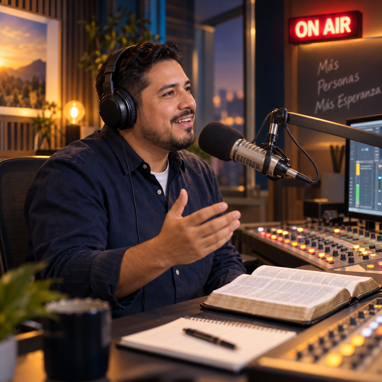 Comunicador cristiano compartiendo un mensaje en vivo desde un estudio de radio